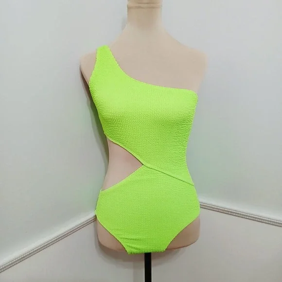 Neon Green One Shoulder Cutout Crinkle One Piece Swimsuit Womens M - Picture 2 of 5